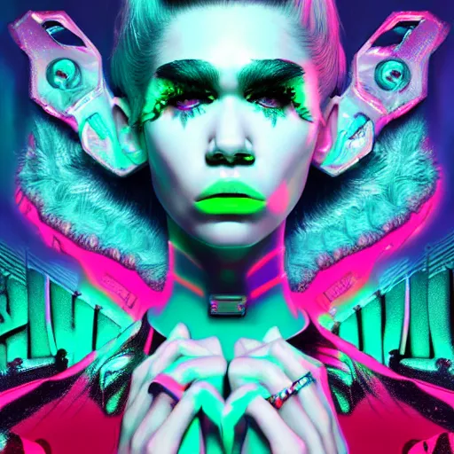 Prompt: album cover of Grimes as a highly detailed neon super villain character, trending on artstation, concept matte