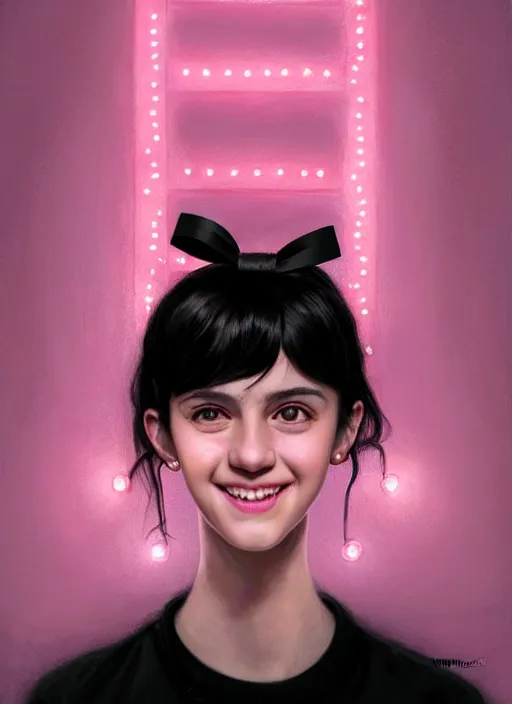 Image similar to portrait of teenage girl, realistic, black hair, bangs, half updo hairstyle, pointy nose, skinny, smile, ugly, defined jawline, big chin, pink hair bow, earrings, intricate, elegant, glowing lights, highly detailed, digital painting, artstation, sharp focus, illustration, art by wlop, mars ravelo and greg rutkowski