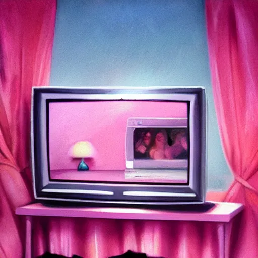 Image similar to a television in a pink room showing static that looks like a well, oil painting, ultradetailed, artstation, ultradetailed, digital painting, ultradetailed