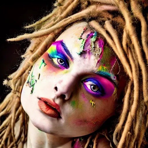 Prompt: astonishingly beautiful woman in tattered clothes revealing body, blonde detailed dreadlocks, make up, vivid colors, hyper detailed, photorealistic, canon eos, photo real