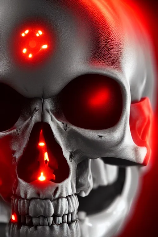 Image similar to closeup shot of a carbon black cyborg, skull, macro shot, dof, cinematic, volumetric lighting, studio shot, octane render, red light, 4 k