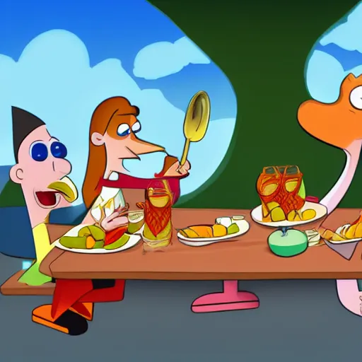 Prompt: phineas and ferb eating dinner in the beach trending on artstation digital paint 4 k render