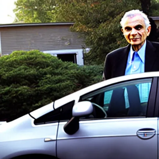 Prompt: ralph nader drives a prius that is on fire