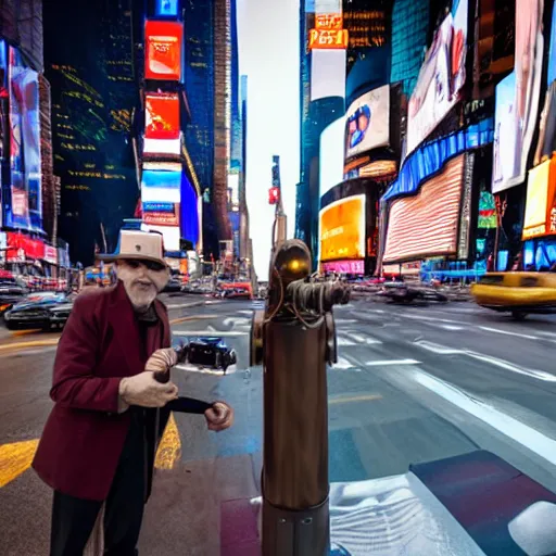 Image similar to time traveler meeting the future in times square alongside with his time machine, 8 k, detailed, lens blur