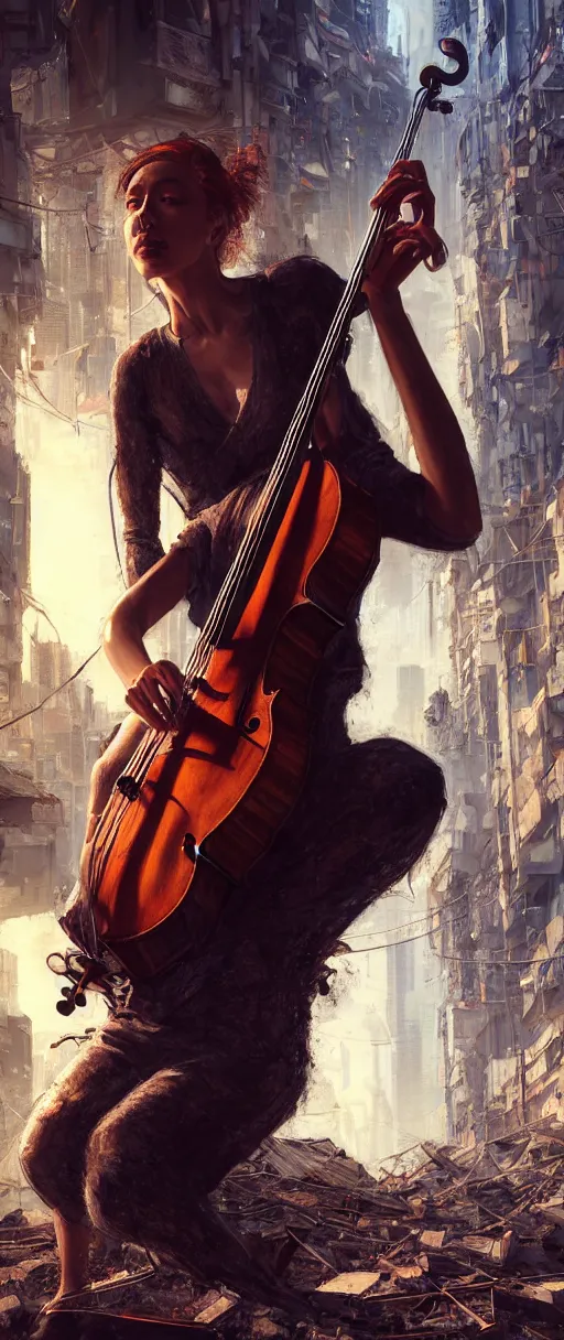 Image similar to a highly detailed portrait of a singular cellist playing in the rubble of a fallen building in a cyberpunk city, beautifully lit, concept art, sharp focus, in the style of steve argyle, artstation HD, artgerm, octane render