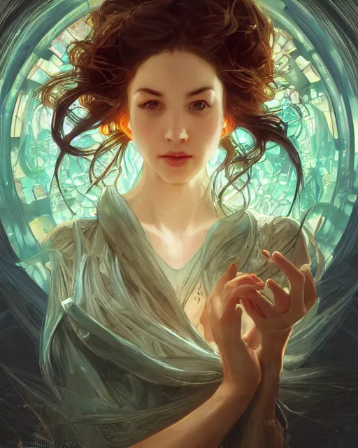 Image similar to illustration of a woman entranced bewitched mesmerized hypnotized mind controlled, spirals in eyes, by artgerm and wlop and greg rutkowski and alphonse mucha, digital art, extreme detail, realistic lighting, cinematic composition, concept art, sharp focus, colorful, photorealistic, 8 k