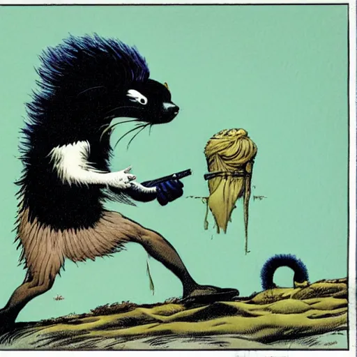 Image similar to a skunk that is blue by richard corben style