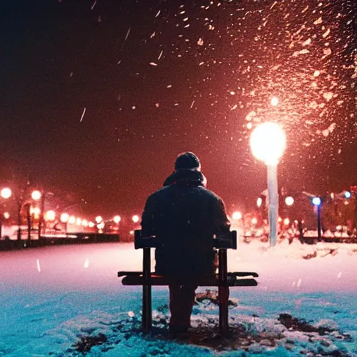 Prompt: man sitting on park bench on christmas eve smoking cigarette snowing snowy. cigarette glowing embers smoke volumetric c4d. harsh lighting, live action photo 1993 film. bokeh Christmas lights in the background