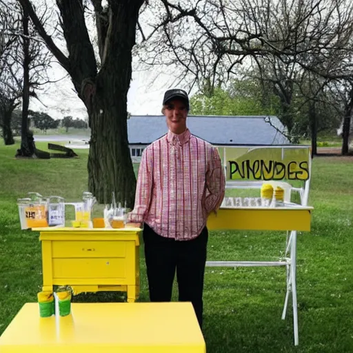 Prompt: a duck standing next to a lemonade stand