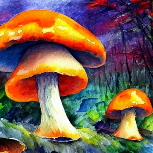 Image similar to A watercolor painting by Afremov of a psychedelic orange and blue mushroom growing on the ground in the middle of a forest.