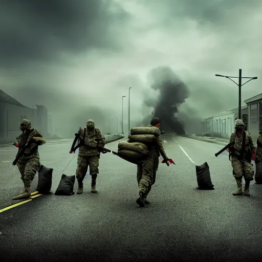 Prompt: military road block with sandbags and armed soldiers during zombie apocalypse, old 3d cgi, high quality, mist, smoke, high focus, dark mood,
