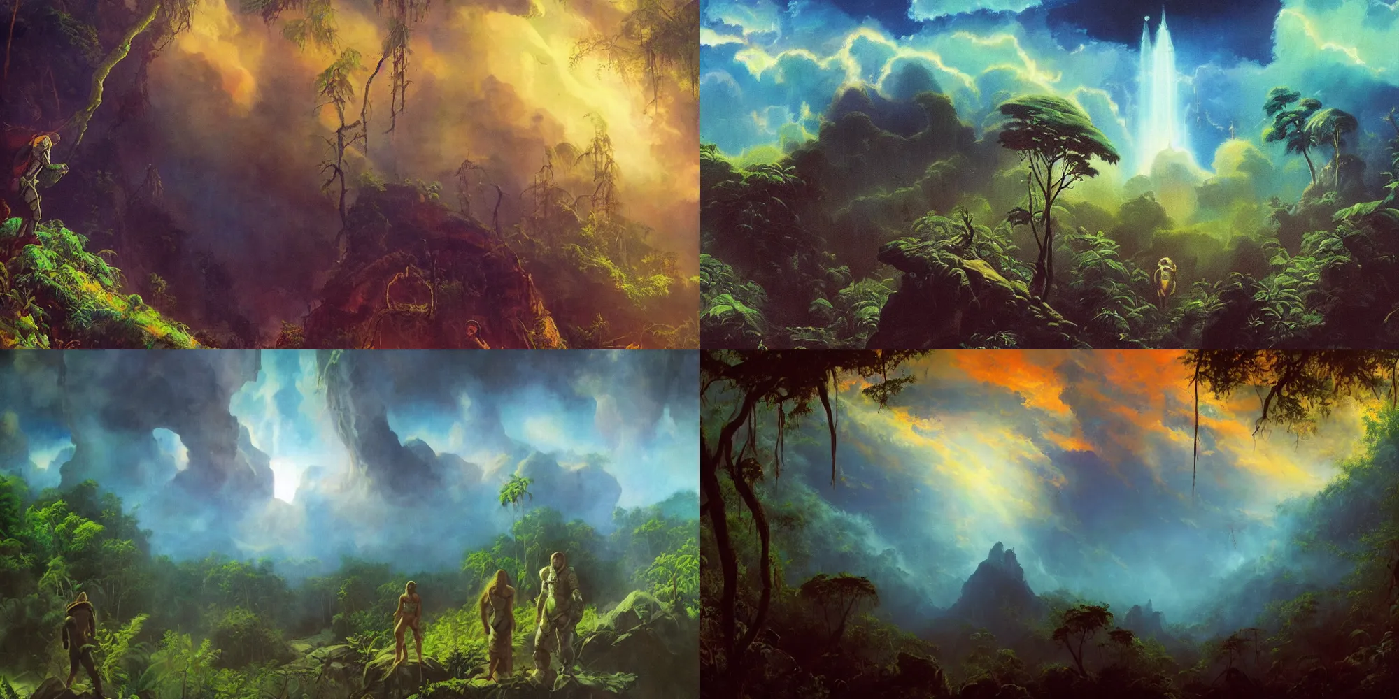 Prompt: lost astronaut in moody frazetta jungle , cyan mist , big hole in the ground , extremely textured frazetta oil painting panorama dramatic sky backlight