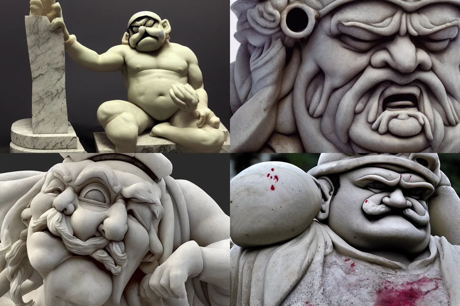 Prompt: marble statue of wario, crying tears of blood