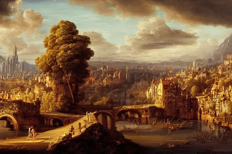 Image similar to beautiful city landscape mythology, fantasy, landscape background, vivid colors, digital painting, very detailed, realistic, high quality, by claude lorrain