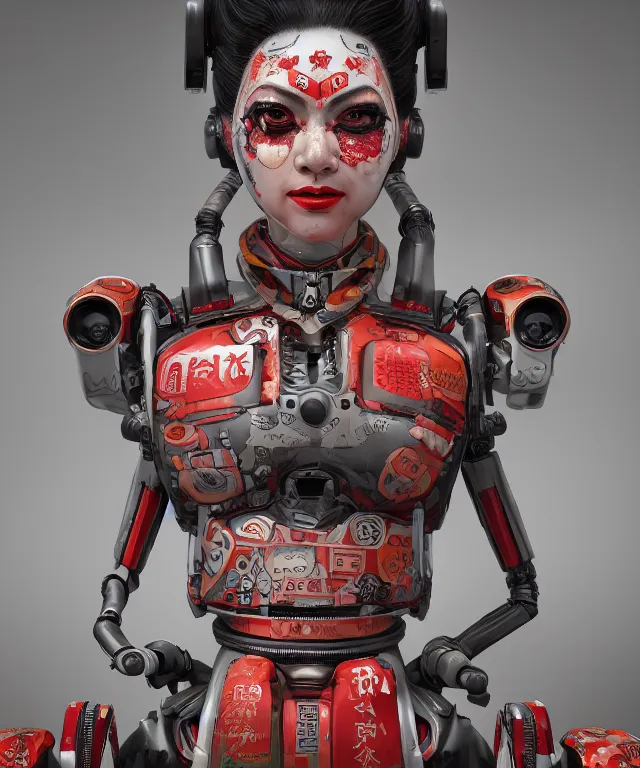 Image similar to an epic fantastic realism comic book style portrait painting of a japanese robotic geisha with kanji tattoos and decals, apex legends, octane render, intricate detail, 4 k hd, unreal engine 5, ex machina, irobot