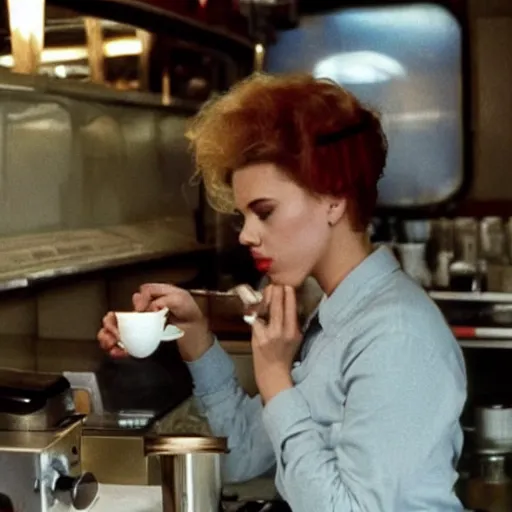 Prompt: Scarlett Johansson serving coffee at the double r diner in Twin Peaks (1990)