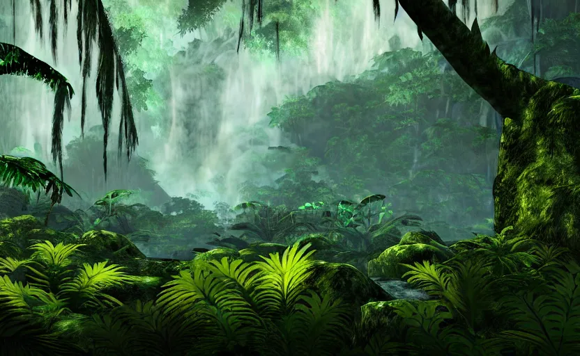 Prompt: a beautiful render of a dark prehistoric rainforest, lush flora, patches of yellow sky, dark green leaves, dark shadows, mountains and a waterfall in the background, intricate detail, hazy, humid, volumetric lighting, 8 k, photorealistic, raytracing effects, unreal engine 5