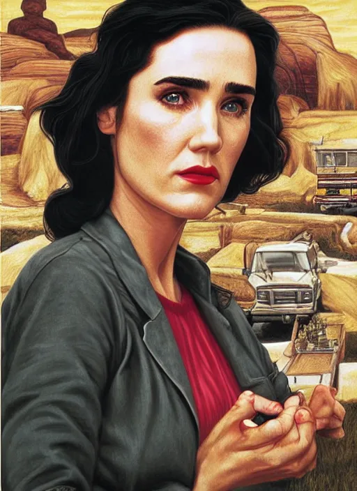 Image similar to portrait of jennifer connelly owner of diner, twin peaks poster art, from scene from twin peaks, by michael whelan, rossetti bouguereau, artgerm, retro, nostalgic, old fashioned