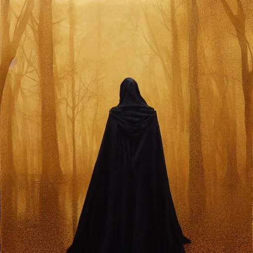 Image similar to a portrait of a young woman wearing a long dark cloak, hood and shadows covering face, holding golden chains, oil painting, matte painting, black background, Volumetric Golden dappled dynamic lighting, Highly Detailed, Cinematic Lighting, Unreal Engine, 8k, HD, by Beksinski