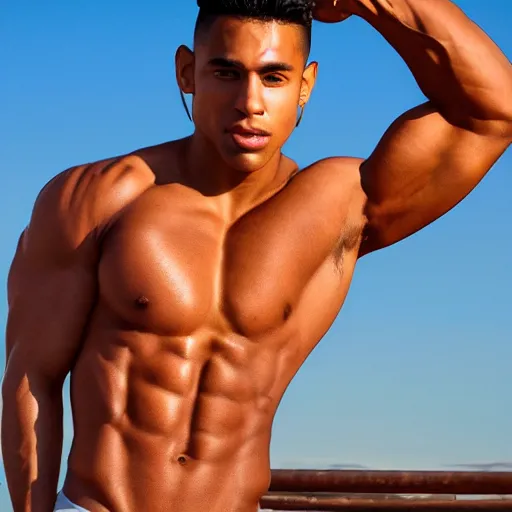 Prompt: hispanic, brown skin, powerful bulging muscles, horse hair, full body photo, golden hour