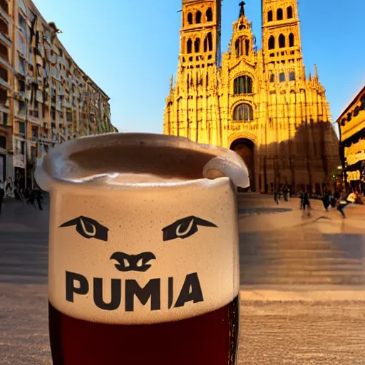 Image similar to A wild humanoid Puma holding a fresh beer with its paws in the city centrum from Palma de Mallorca with Palma Cathedral in the background, highly detailed, octane render