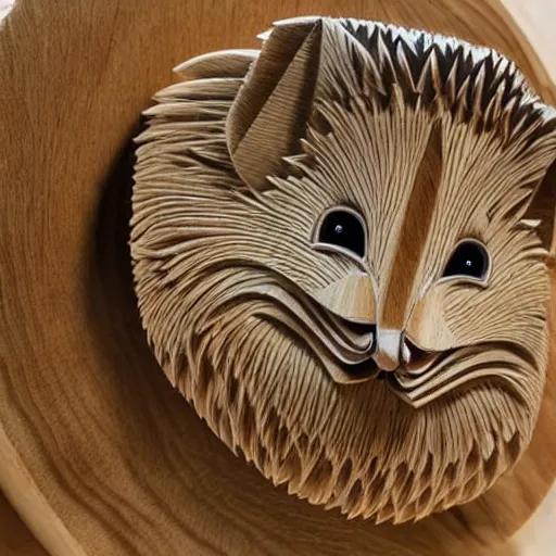 Prompt: wooden carving of a hedgehog, intricate design