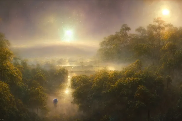 Prompt: silver city, illustration, chaotic, lush, desire, mist, star child, opalescent galactic supernova background, disintegration, volumetric lighting, soft lighting, soft details, painting oil on canvas by Edmund Blair Leighton and charlie bowater octane render, HDR, trending on artstation, 4k, 8k, HD