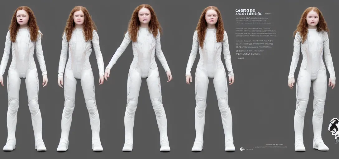 Prompt: character sheet concept art of sadie sink from stranger things in a skintight white cyber - armor, realistic, hyperrealistic, photographic, costume, wlop, dan mumford, greg rutkowski, high detail, octane render, alexander mcqueen, james gurney, james jean, mucha, photo, 8 k, intricate