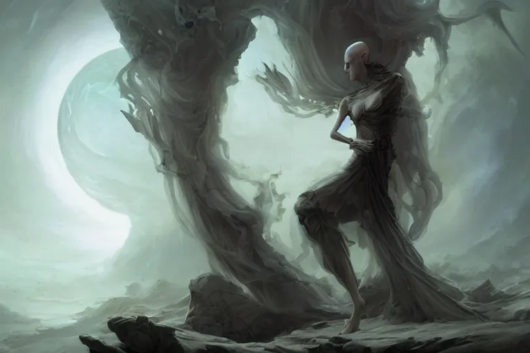 Image similar to a humanoid creature with pale white skin and a gaunt face. the creature is bald. the god of imagination. it is wearing a black flowing cloak that looks like mist. it is crafting an imaginary world. cosmic horror. art by peter mohrbacher.