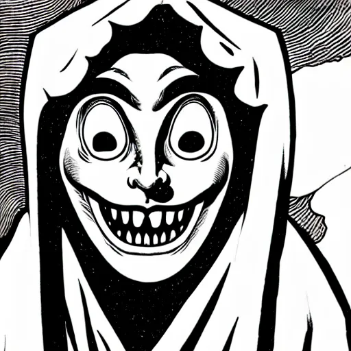 Image similar to A hunched figure wearing white robes with a smiling Greek theater mask, white robes, smiling mask, theater mask, greek mask, ancient greece, creepy smile, hunched figure, manga art, manga, Junji Ito, Junji Ito artwork, Ito Junji art, 4k