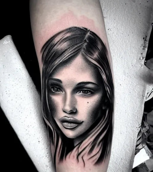 Prompt: tattoo design sketch of a beautiful girl portrait faded in a mountain background, in the style of den yakovlev, realistic face, black and white, realism tattoo, hyper realistic, highly detailed