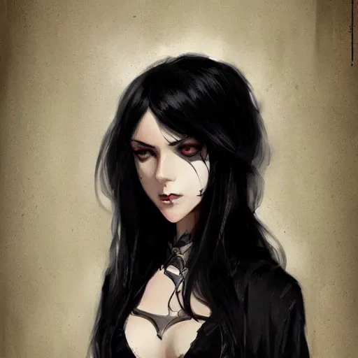 Image similar to female human vampire witch in the style of greg rutkowski, makoto shinkai, trending on artstation, character design, concept art, pretty face, highly detailed, long black hair, portrait, digital art