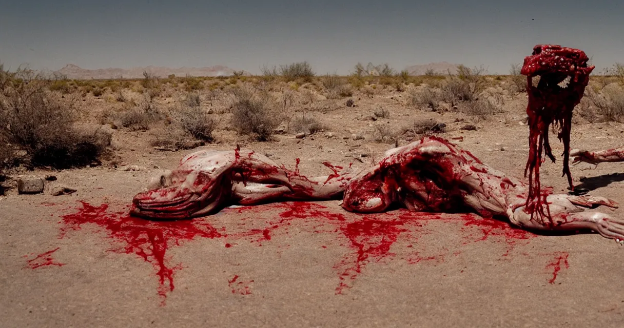 Image similar to in the desert a bloody gross horrifying The Thing creature made of muscle and bone and blood stares at the camera, eating, there is a pool of blood on the ground, mid day, 35mm photography, realistic,