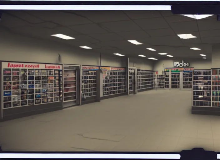 Image similar to polaroid photograph of an empty blockbuster store, liminal space, familiar place, mannequins, black mold, amateur, unreal engine, photorealistic, trending on artstation