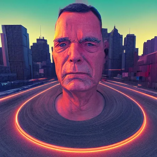 Image similar to the face of a disgruntled man, made of buildings and infrastructure, by beeple and vincent di fate, trending on artstation