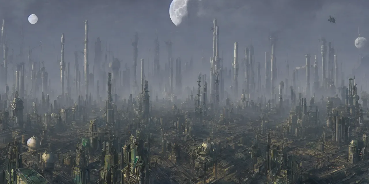 Image similar to a big city like coruscant and rupture farms from oddworld, with green smog sky, tall metal towers, a big moon in the sky, flying vehicles, factories, smoke, in the style of soviet realism