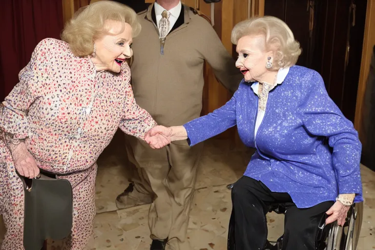 Image similar to betty white shaking hands with a 6 0 0 pound dwarf in the bathroom