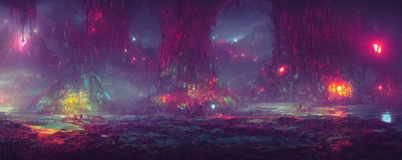 Image similar to ” otherwordly landscape at night, [ bioluminescense, cinematic, detailed, epic, widescreen, opening, establishing, mattepainting, photorealistic, realistic textures, octane render, art by slop and paul lehr ] ”