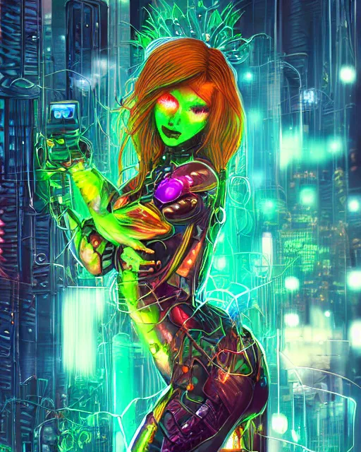 Image similar to a cyberpunk close up portrait of enchanting cyborg poison ivy, electricity, rainbow, sparks, bokeh, soft focus, sparkling, glisten, water drops, cold, dark, geometric, temples behind her, by paul lehr, jesper ejsing