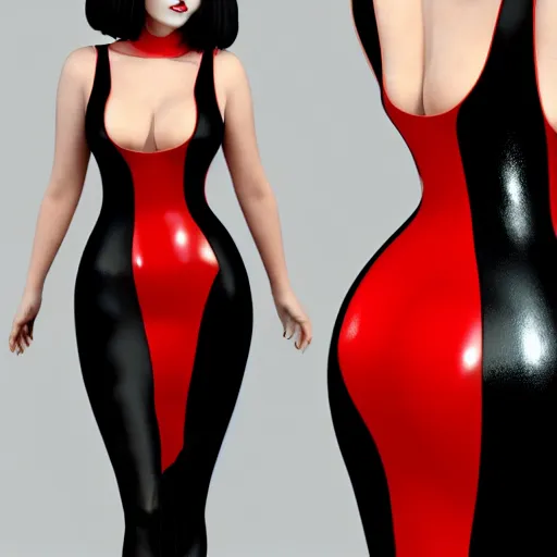 Image similar to a curvy pale goth goddess wearing an elegant modest tight shiny red-black striped latex high-neck dress, cgsociety, photorealistic, sublime-cool-hot-hyperadvanced, 16k, smooth, sharp focus, trending on ArtStation, volumetric lighting, fully clothed, thin waist