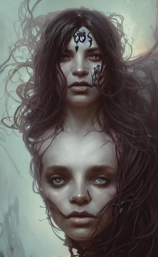 Image similar to portrait of a dark girl with skull poking through , surreal, intricate, headshot, highly detailed, digital painting, artstation, concept art, cinematic lighting, illustration, art by artgerm and greg rutkowski, alphonse mucha, cgsociety, science fiction