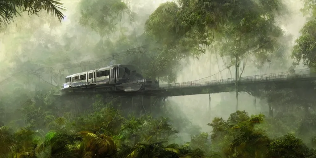 Image similar to futuristic train in the mist of the jungle, artstation, james gurney