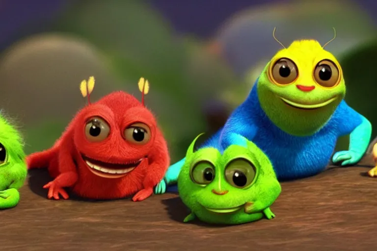 Image similar to disney pixar's a bug's life, cgi caterpillar colorful, furry caterpillar