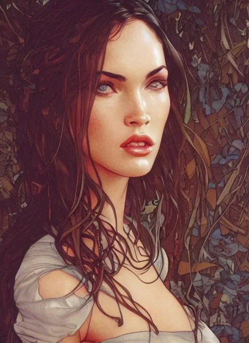 Image similar to megan fox kissing olivia wild. beautiful detailed face. by artgerm and greg rutkowski and alphonse mucha