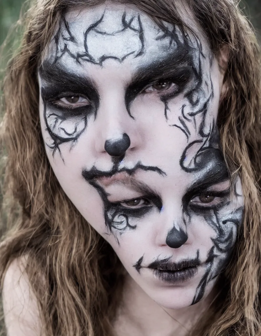 Prompt: anya taylor joy, black metal face paint, hyper-realistic, 4k, glamour photoshoot