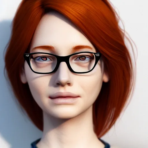 Prompt: detailed portrait of a beautiful ginger woman with glasses, realism, 4k, illustration, iris, dynamic lighting, detailed textures, High Quality, octane render, artstation