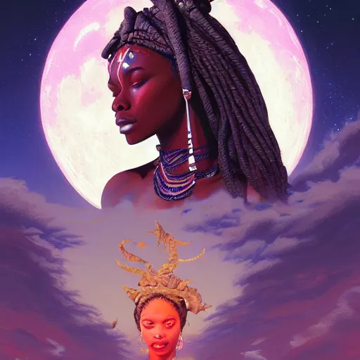 Prompt: highly detailed portrait of an african moon goddess at the temple of the moon, blood moon, retrowave colors, unreal engine, fantasy art by greg rutkowski, loish, rhads, ferdinand knab, makoto shinkai and lois van baarle, ilya kuvshinov, rossdraws, tom bagshaw, radiant light, detailed and intricate