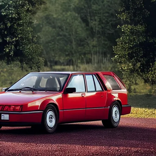 Prompt: A hypercar designed and produced by Volvo, with 1986 Volvo 480 design elements, in crimson red, promotional photo