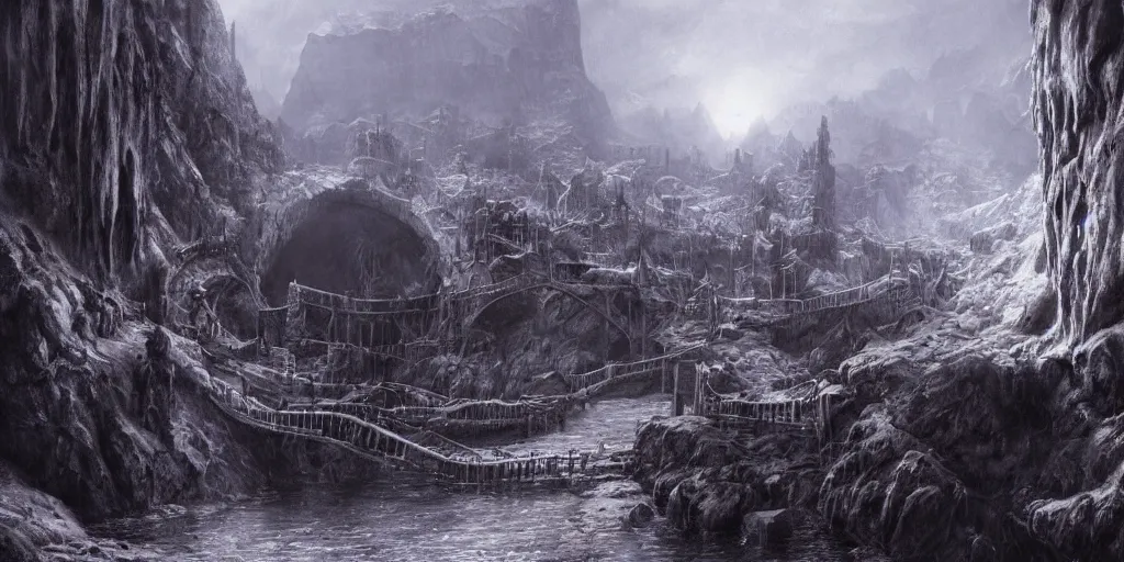 Image similar to Bridge in the Mines of Moria, detailed matte painting, cinematic, Alan Lee, Artstation