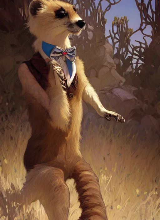 Prompt: Character portrait of a happy furry anthro weasel wearing a bowtie in the desert wilderness, intricate, elegant, highly detailed, digital painting, artstation, concept art, smooth, sharp focus, illustration, art by Krenz Cushart and Artem Demura and alphonse mucha